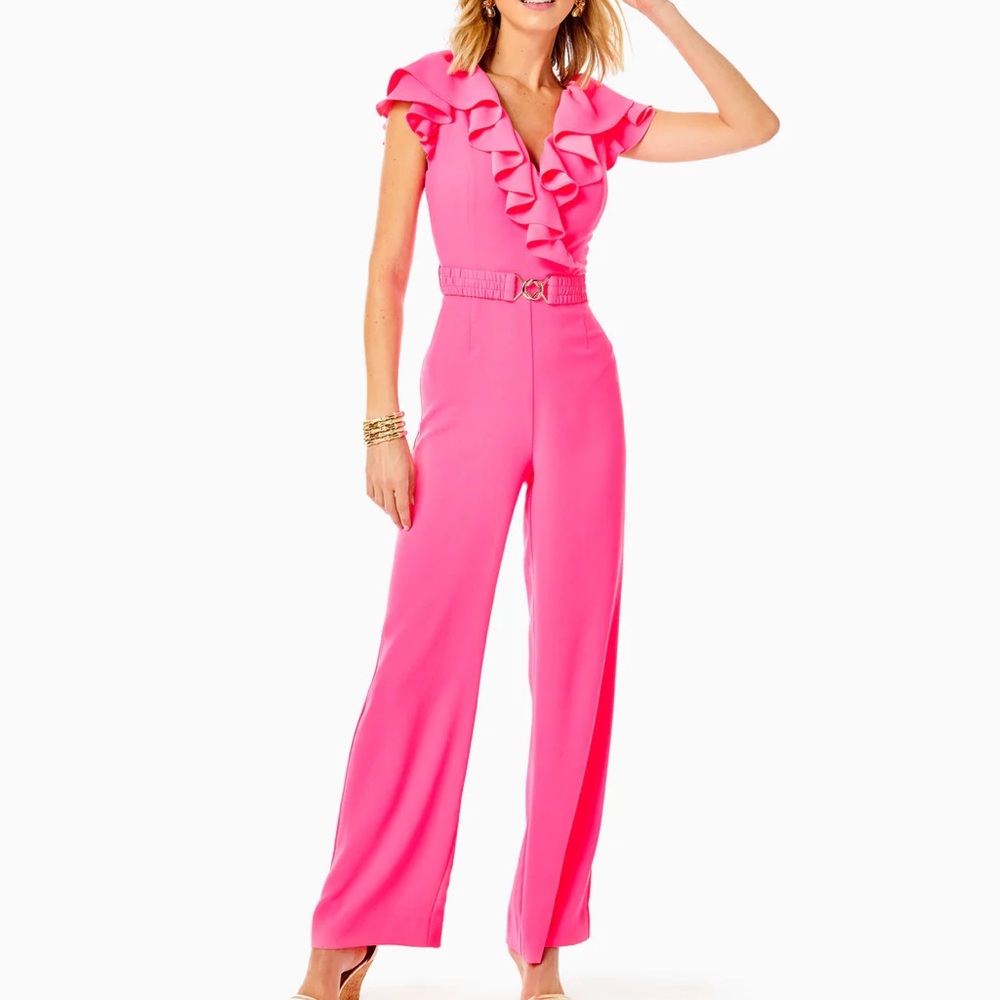 NWT Lilly Pulitzer Cassian Jumpsuit V-Neck Surplice Ruffles Women’s 8 Aura Pink